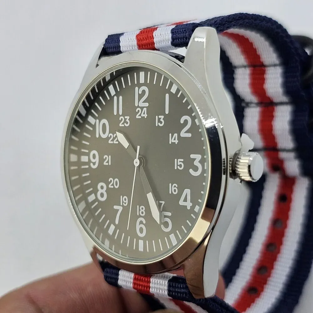 Men's Field Military Watch 42MM‎ Black Dial Blue White Red Canvas Band Straps